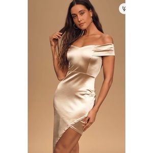 Lulus Simply Me Champagne Satin Off-the-Shoulder Bodycon Mini Dress
